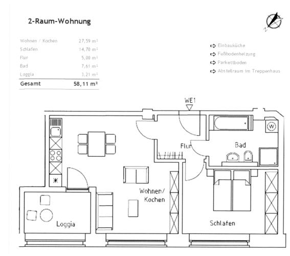 gut ausgestattete 2-Raum-Wohnung mit Einbauküche